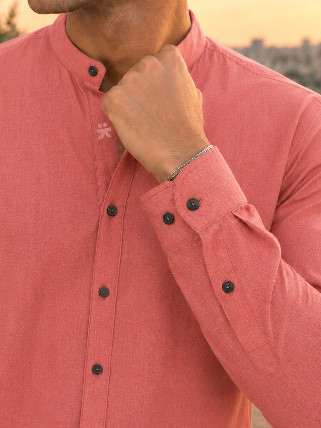 CAHOOT Men's Solid Coral Mandarin Collar Cotton Shirt - view 6