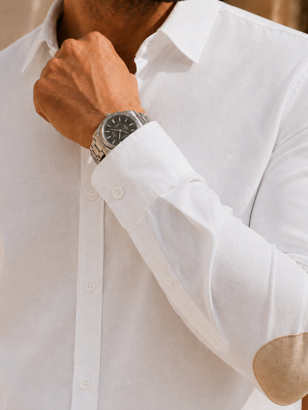 CAHOOT Men's White Shirt With Contrast Suede Elbow Patch - view 5