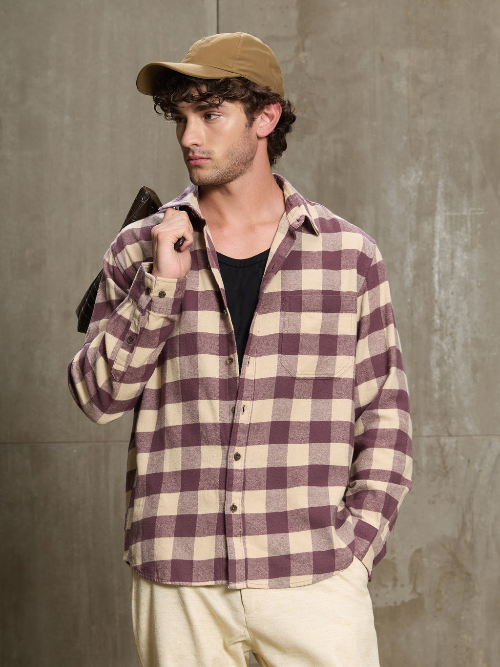 Cahoot Men's Maroon & Cream Checkered Oversized Fit Shirt With Patch Pocket - view 1