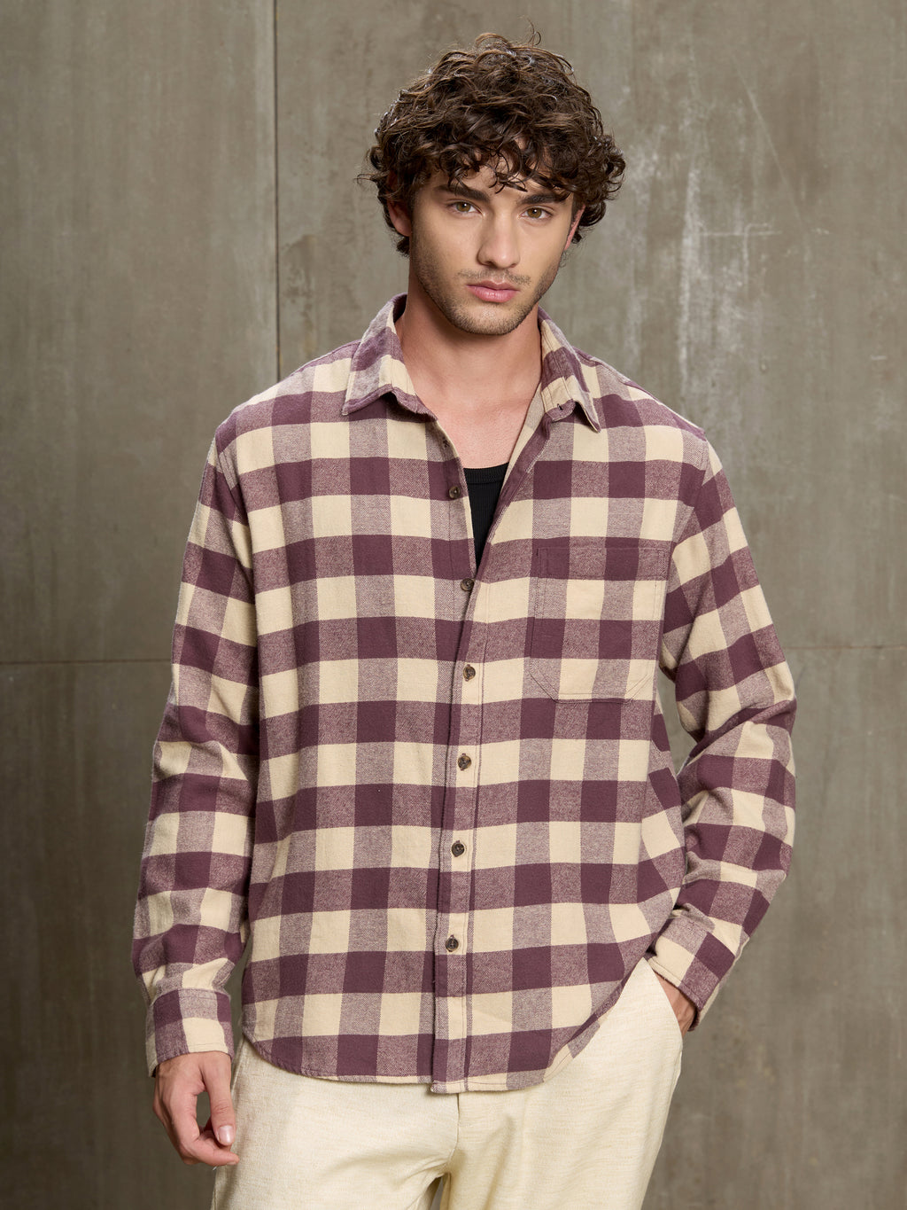 Cahoot Men's Maroon & Cream Checkered Oversized Fit Shirt With Patch Pocket - view 2