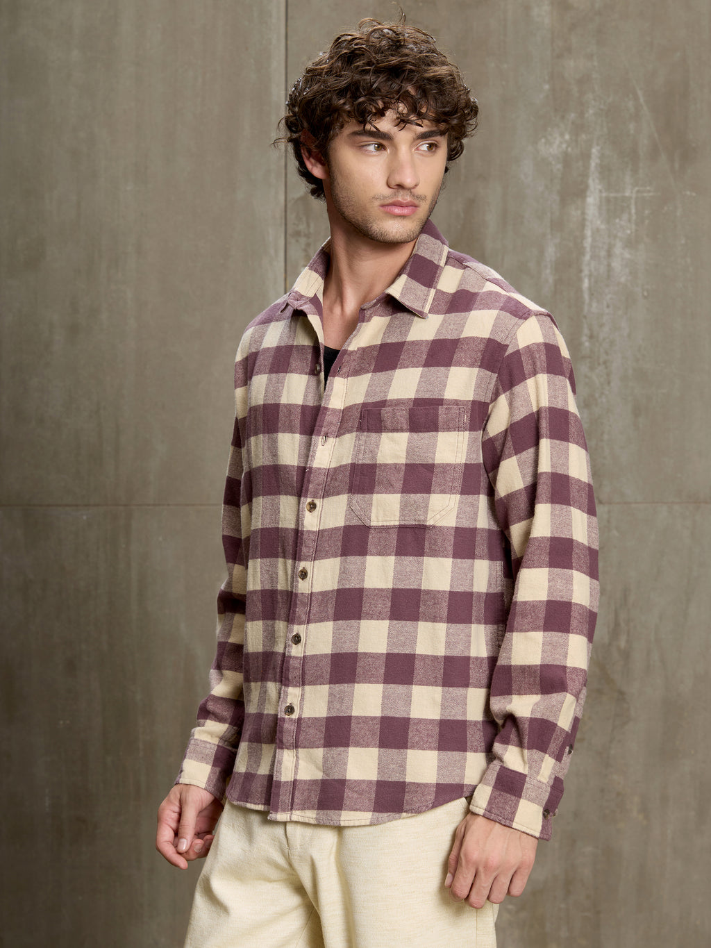 Cahoot Men's Maroon & Cream Checkered Oversized Fit Shirt With Patch Pocket - view 3