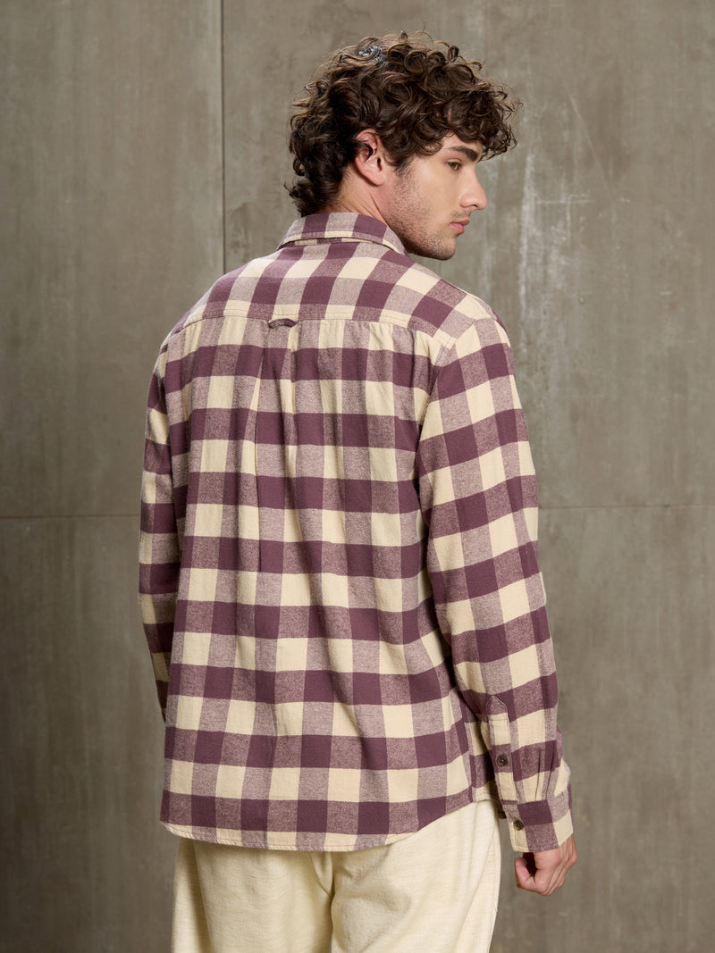 Cahoot Men's Maroon & Cream Checkered Oversized Fit Shirt With Patch Pocket - view 4