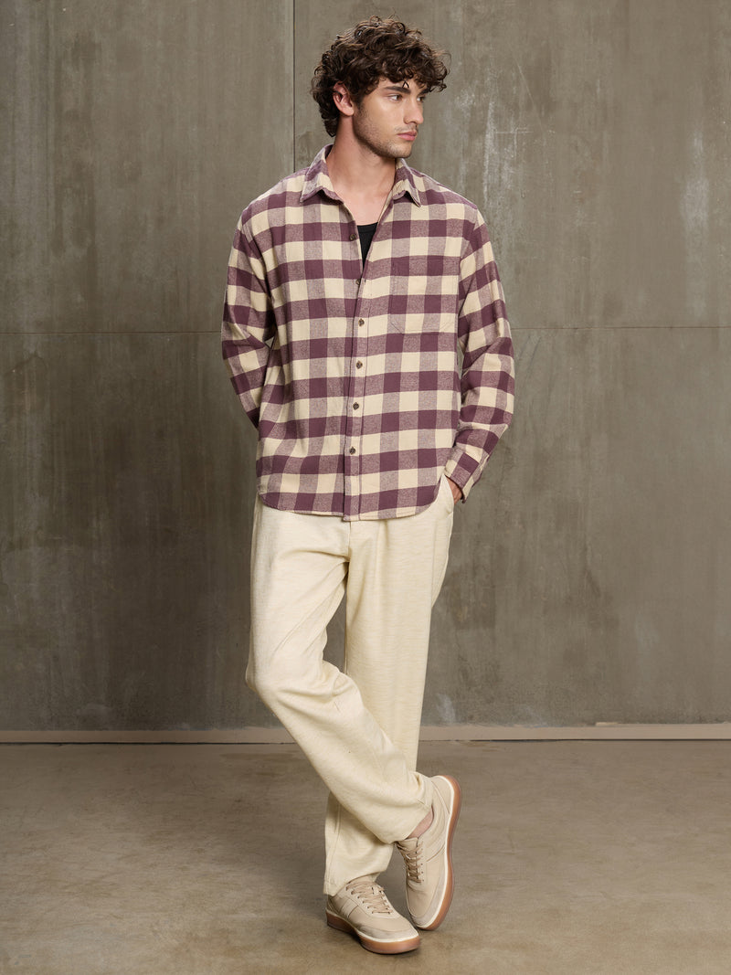 Cahoot Men's Maroon & Cream Checkered Oversized Fit Shirt With Patch Pocket - view 5