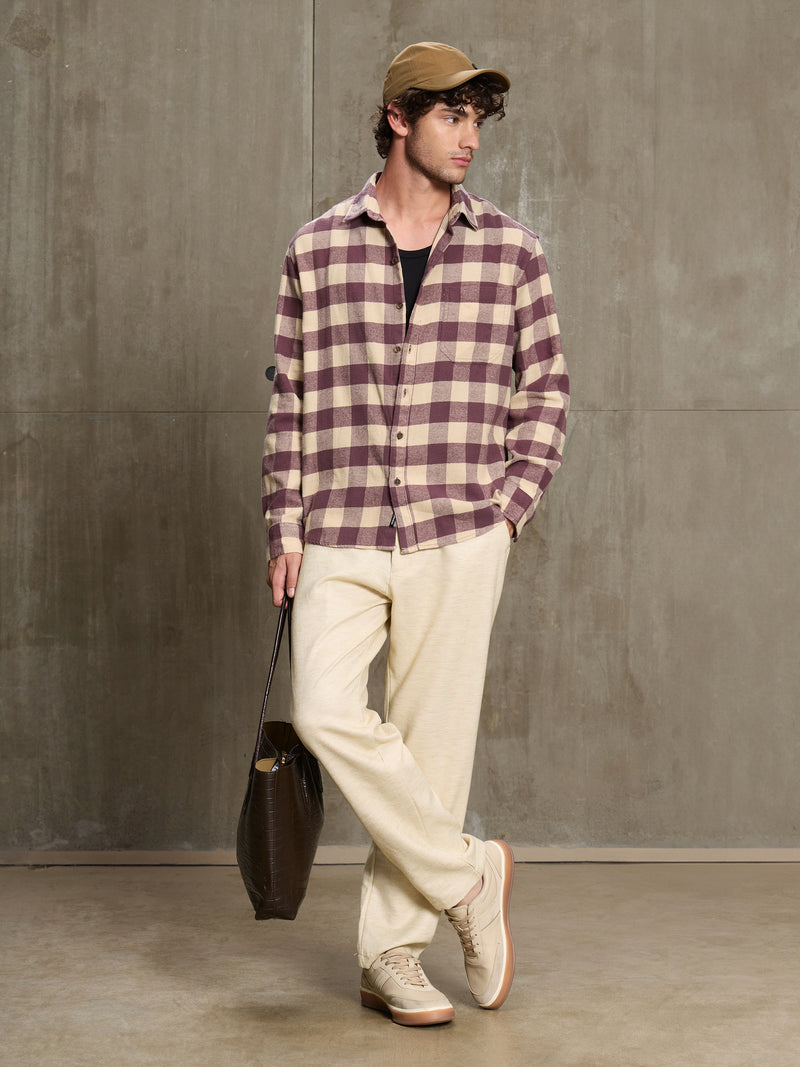 Cahoot Men's Maroon & Cream Checkered Oversized Fit Shirt With Patch Pocket - view 6