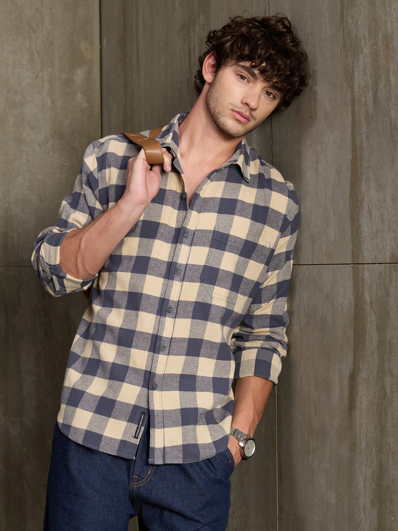 Cahoot Men's Navy & Cream Checkered Oversized Fit Shirt With Patch Pocket - view 1