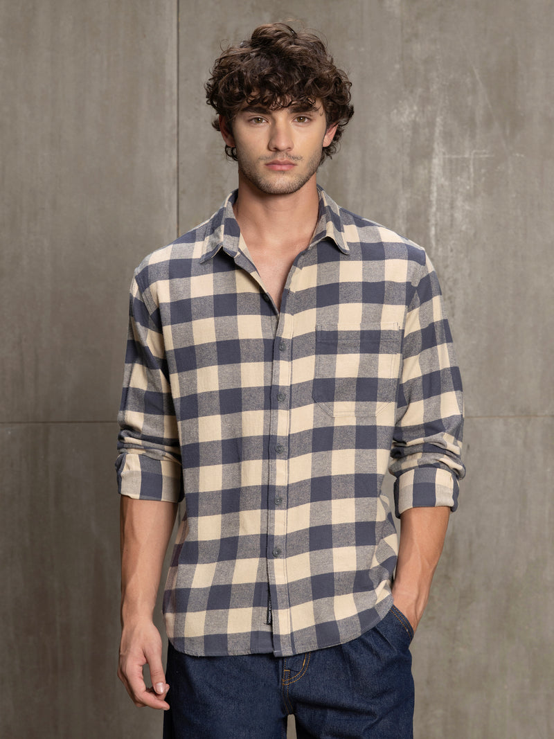 Cahoot Men's Navy & Cream Checkered Oversized Fit Shirt With Patch Pocket - view 2