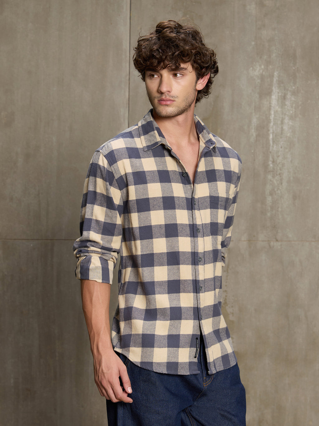Cahoot Men's Navy & Cream Checkered Oversized Fit Shirt With Patch Pocket - view 3