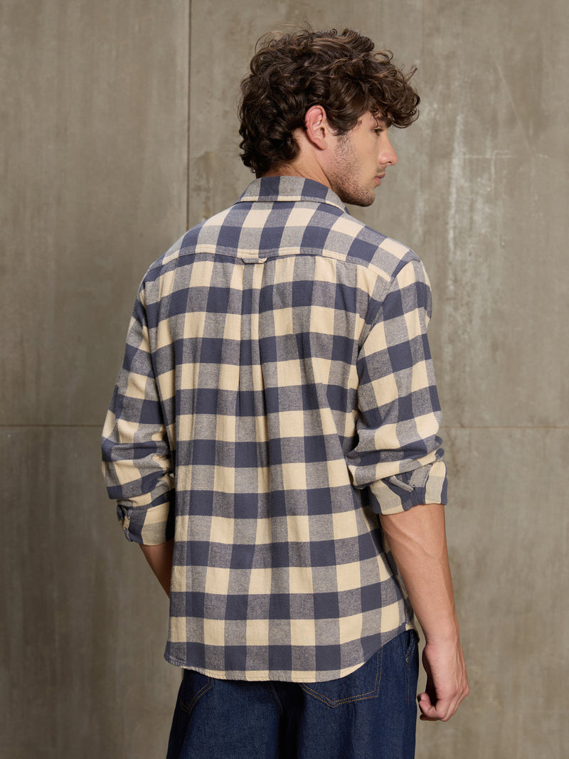 Cahoot Men's Navy & Cream Checkered Oversized Fit Shirt With Patch Pocket - view 4