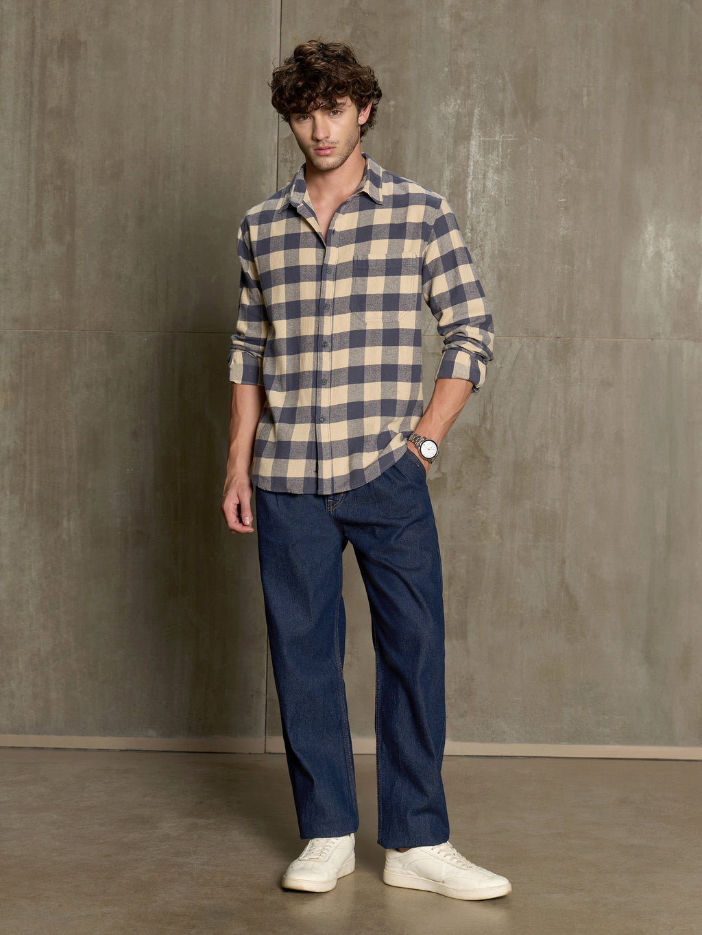 Cahoot Men's Navy & Cream Checkered Oversized Fit Shirt With Patch Pocket - view 5