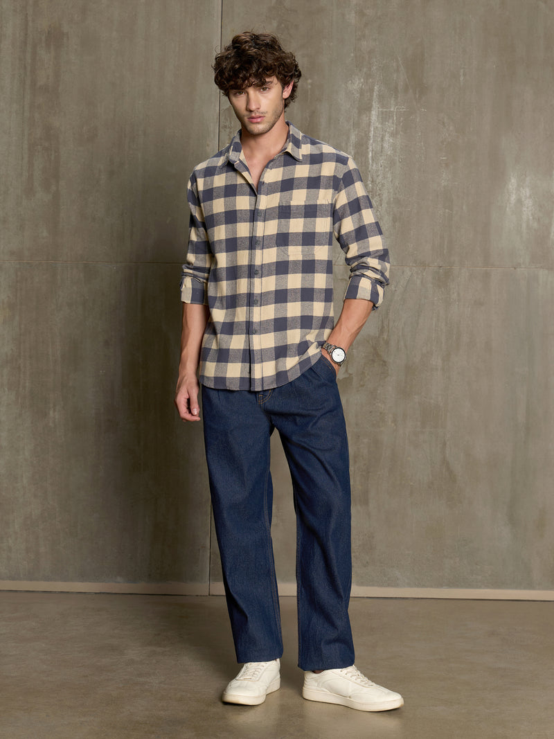 Cahoot Men's Navy & Cream Checkered Oversized Fit Shirt With Patch Pocket - view 5