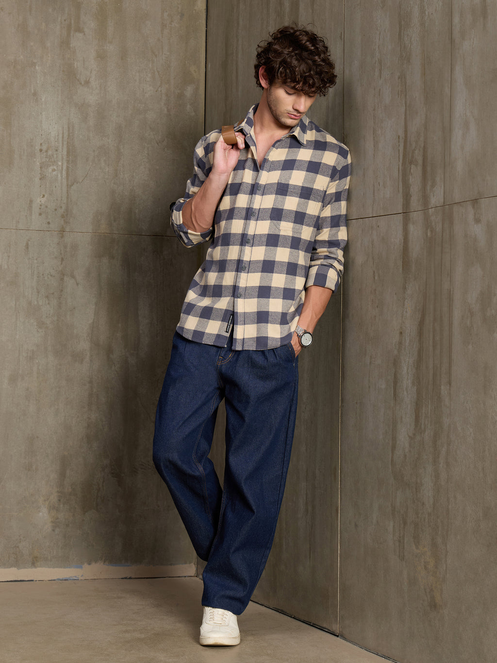 Cahoot Men's Navy & Cream Checkered Oversized Fit Shirt With Patch Pocket - view 6