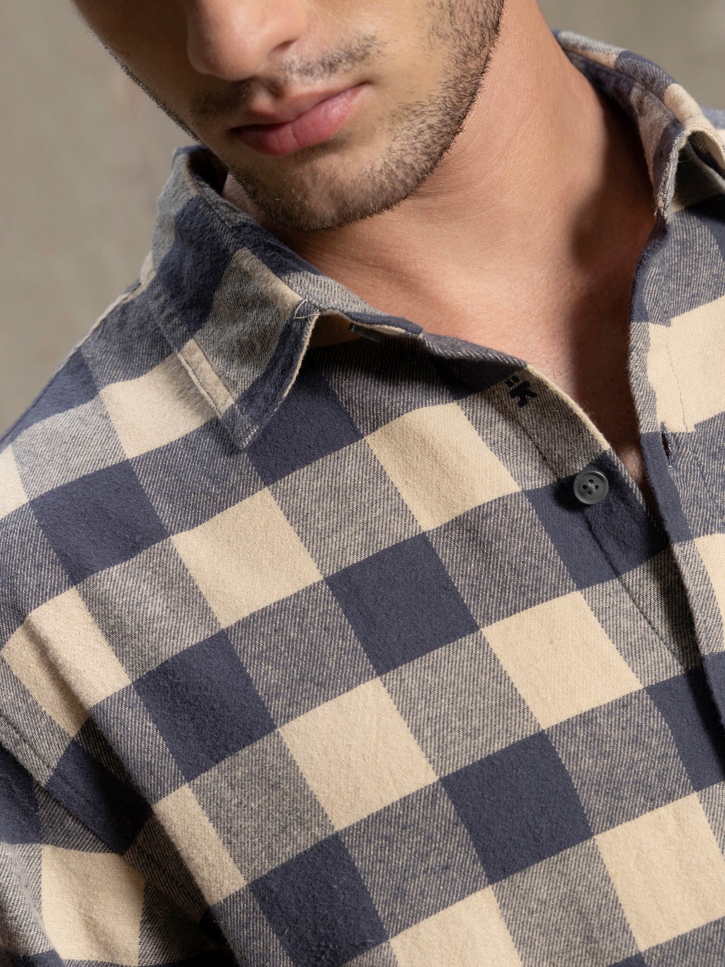 Cahoot Men's Navy & Cream Checkered Oversized Fit Shirt With Patch Pocket - view 7
