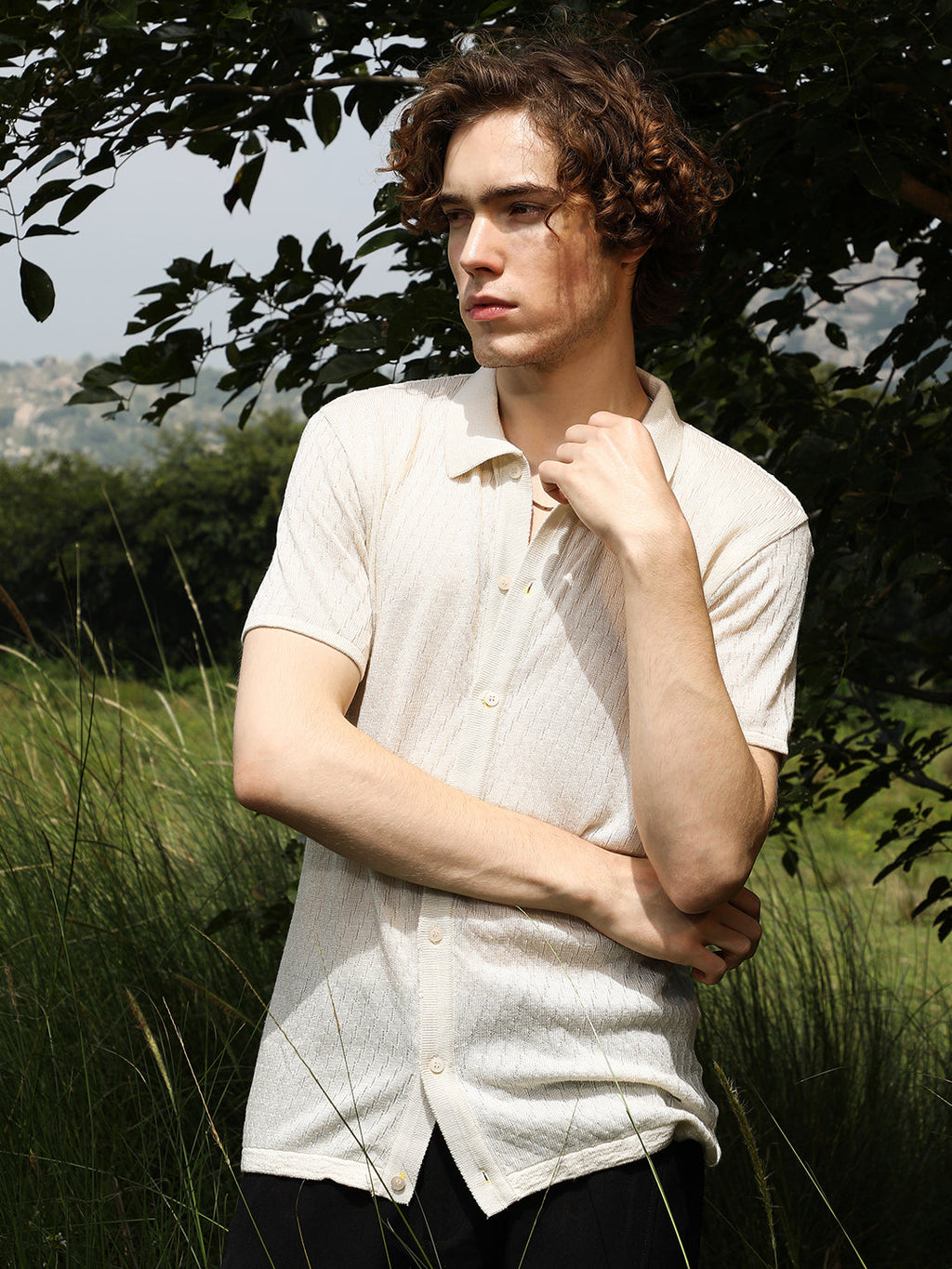 Rhombus-Textured Knit Shirt