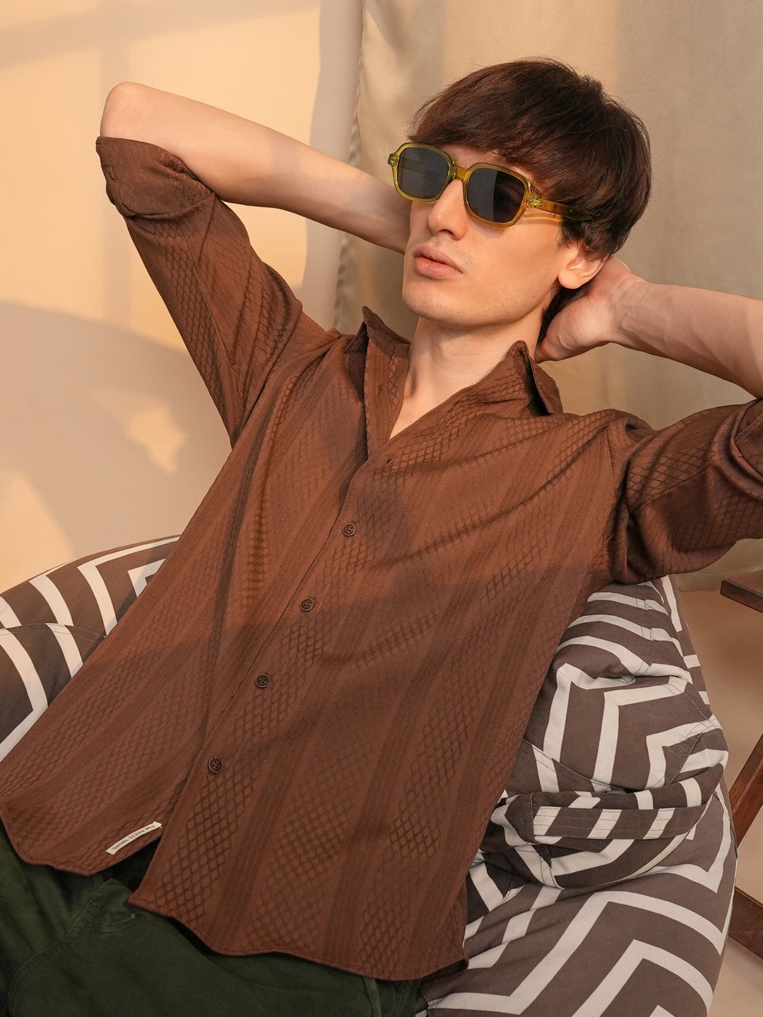 ₹899 | Cahoot men's Chocolate Brown Mesh-Textured Knit Shirt - Cahoot