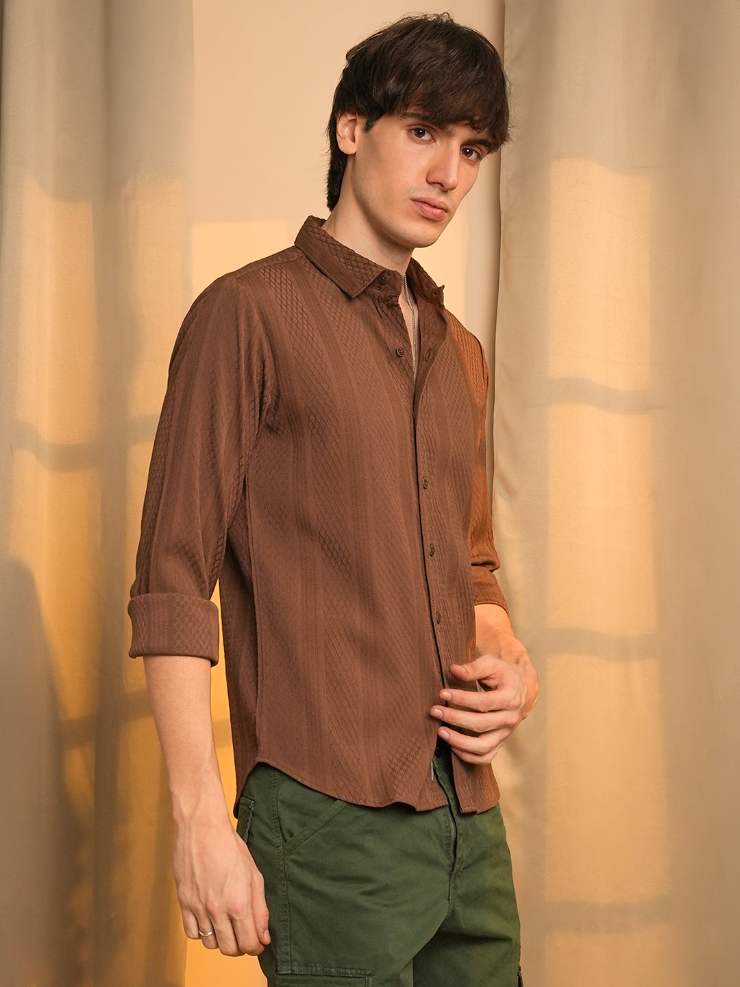 ₹899 | Cahoot men's Chocolate Brown Mesh-Textured Knit Shirt - Cahoot