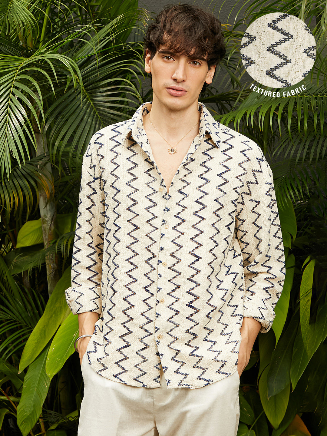 トップス KAJA PLATING CREW KNIT size L OVY DECI ₹899 | Cahoot men's Cream White Zig-Zag Knit Shirt - Cahoot