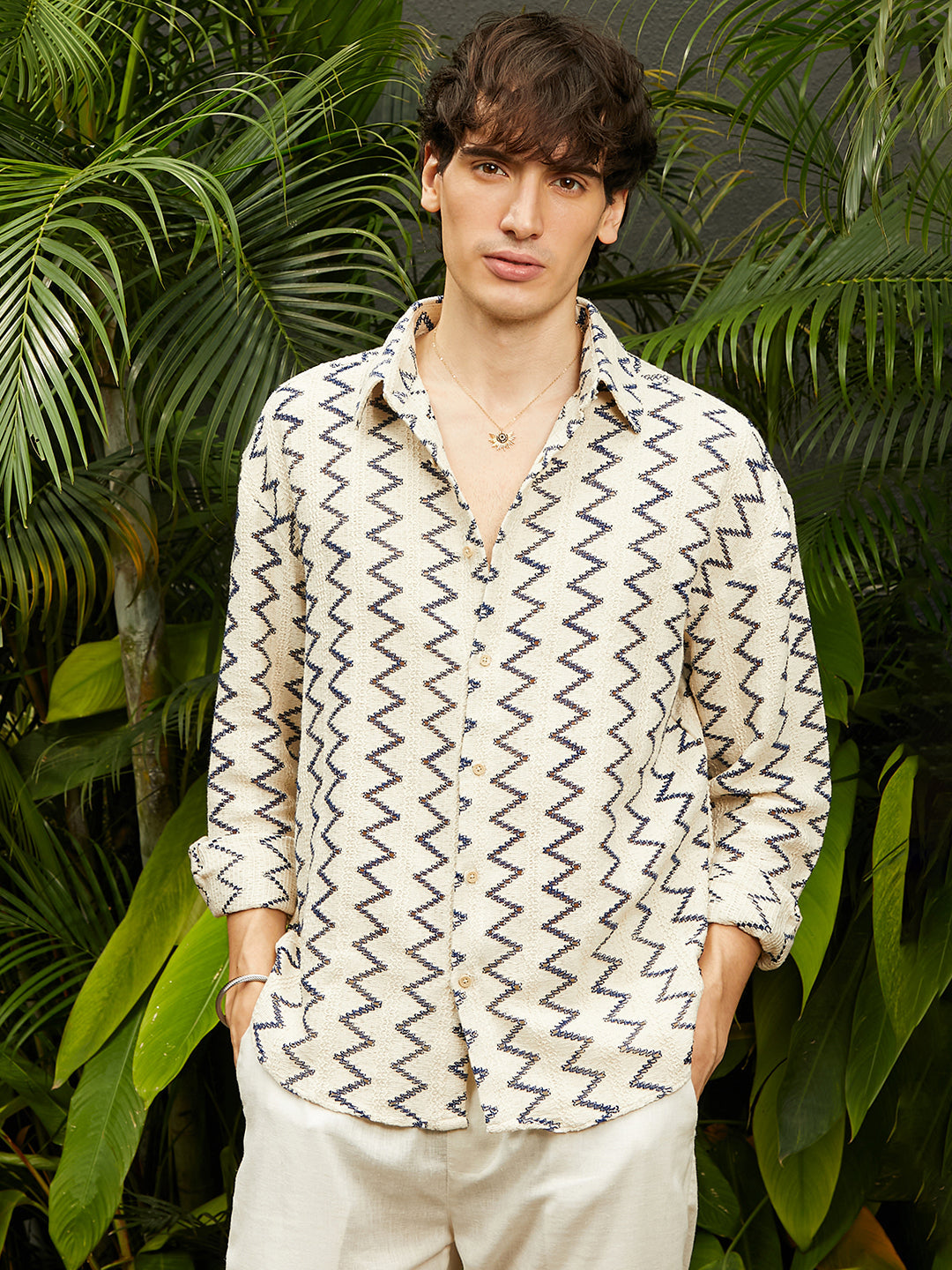 Cahoot men's Cream White Zig-Zag Knit Shirt