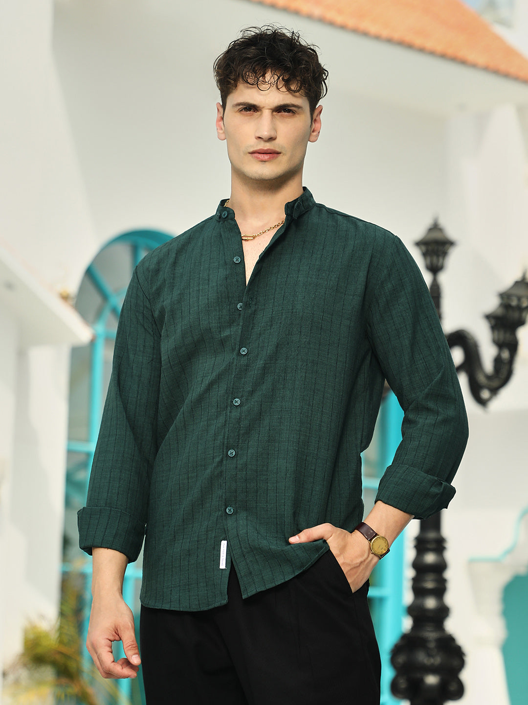 ₹899 | Men's Emerald Green Pinstriped Tactile Shirt | Regular Fit
