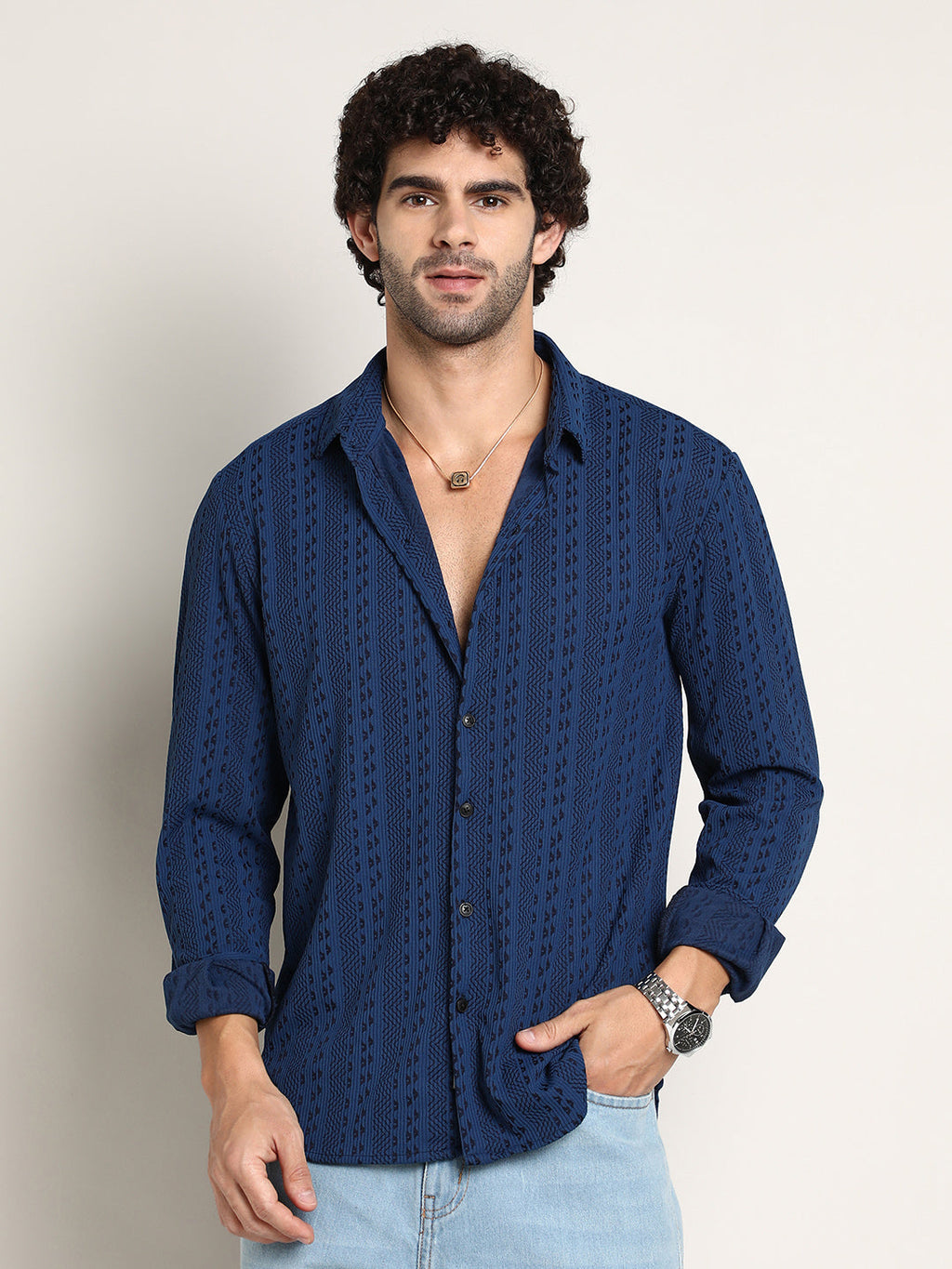 Men's Indigo Blue Chevron Loop Shirt with a textured V-shaped weave and long sleeves