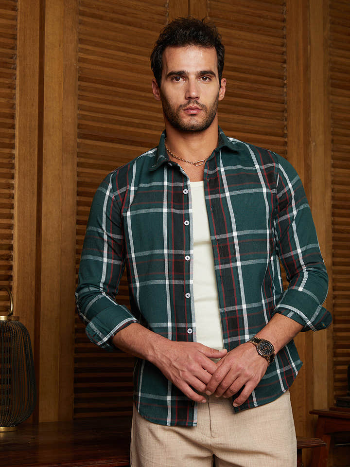Ribbed-Plaid Relaxed Shirt
