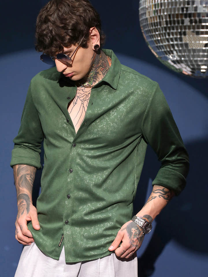 Men's Forest Green Corroded Tactile Shirt showing unique weathered fabric texture and regular fit