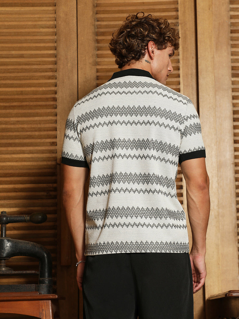 Black And White Geometric Polo Collar Shirt