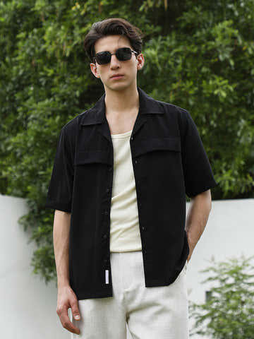 Black Cuban Collar Short Sleeve Shirt