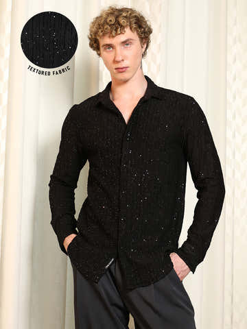 Black Textured Slim Fit Shirt With Shimmer Effect