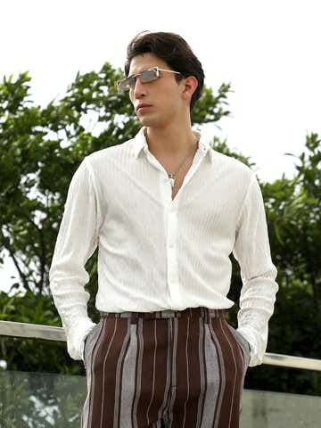 White Textured Slim Fit Shirt With Spread Collar