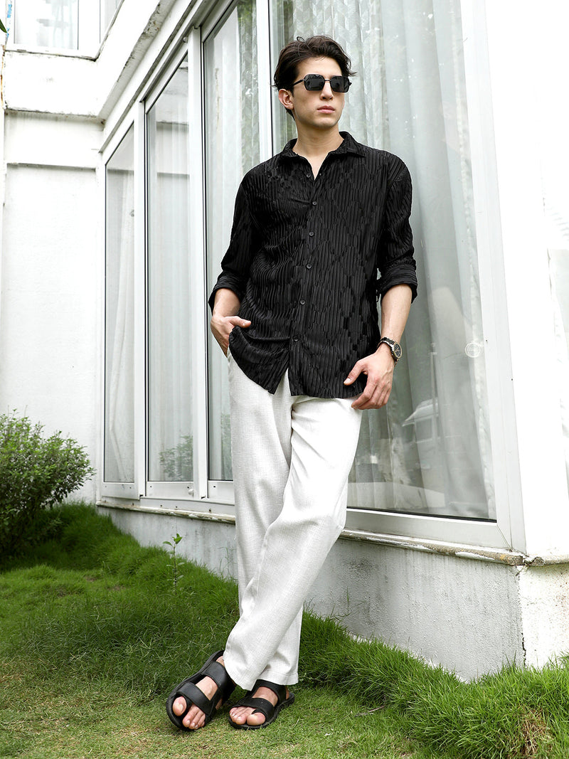 Black Textured Slim Fit Shirt With Semi-Spread Collar