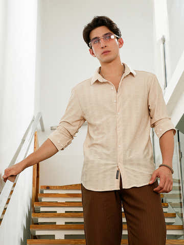 Beige Textured Slim Fit Full Sleeve Shirt For Men