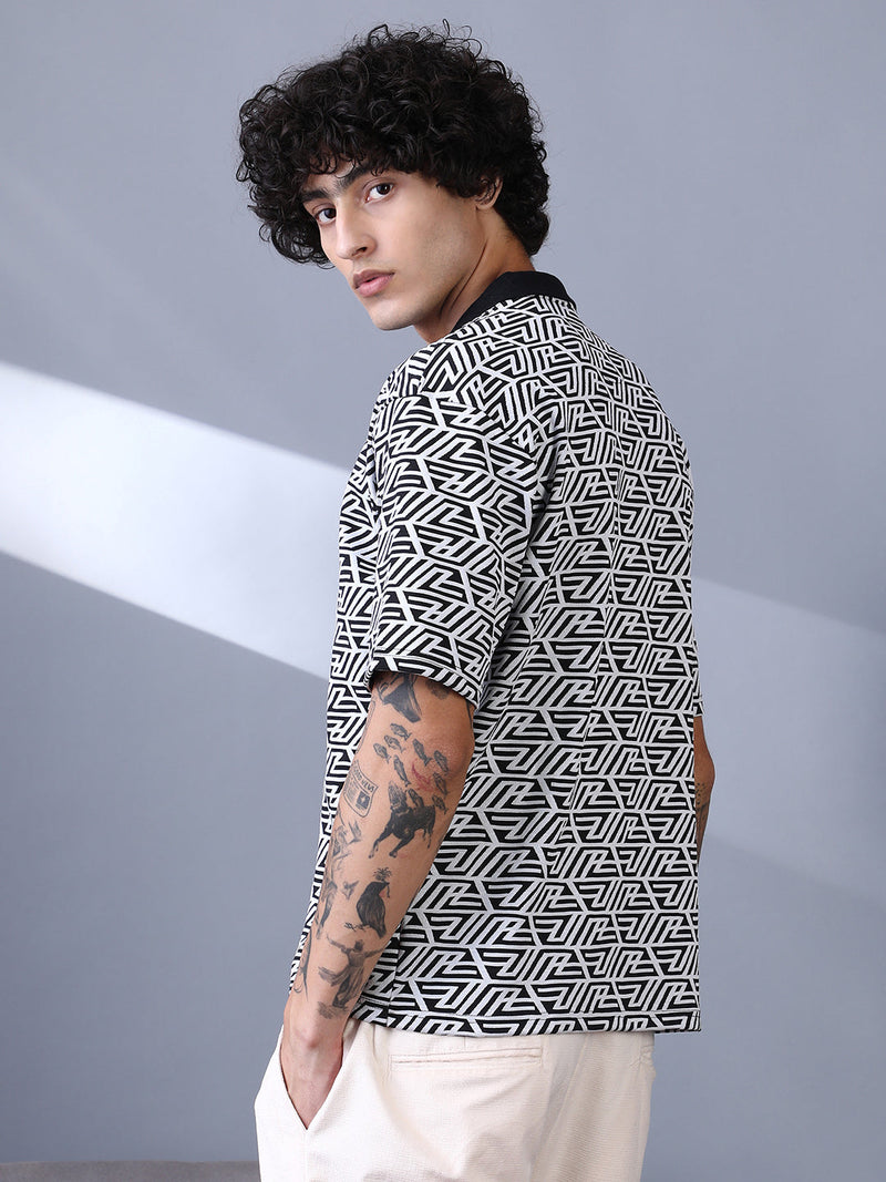 Angleline-Imprint Cuban-Polo Shirt