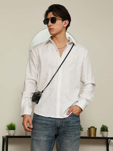 White Paisley Self-Design Slim Fit Shirt For Men