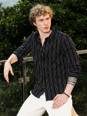 Black Striped Cotton Blend Slim Fit Shirt
