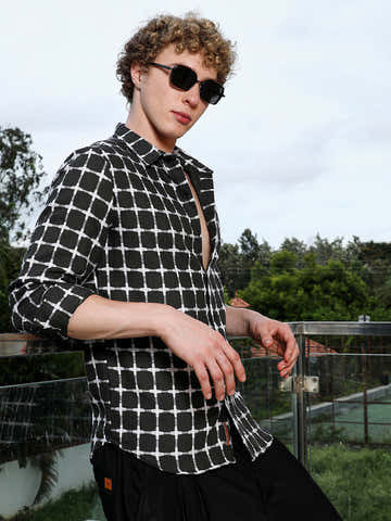 Black And White Checkered Cotton Shirt - Tailored Fit, Full Sleeves