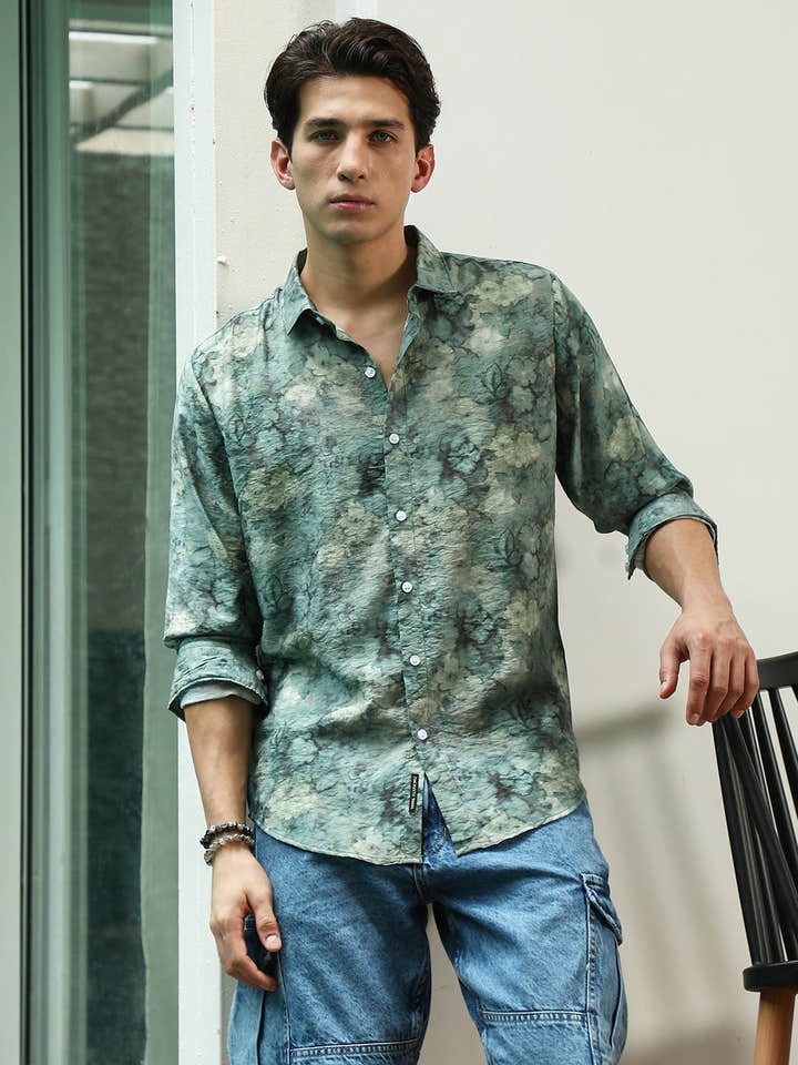 Green Floral Print Full Sleeve Shirt