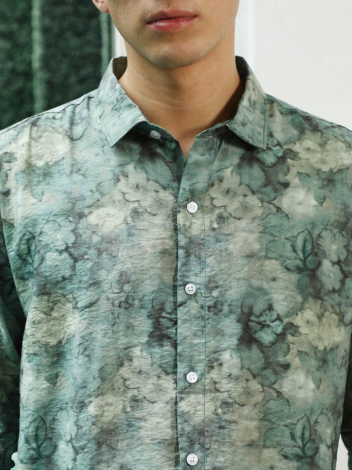Green Floral Print Full Sleeve Shirt