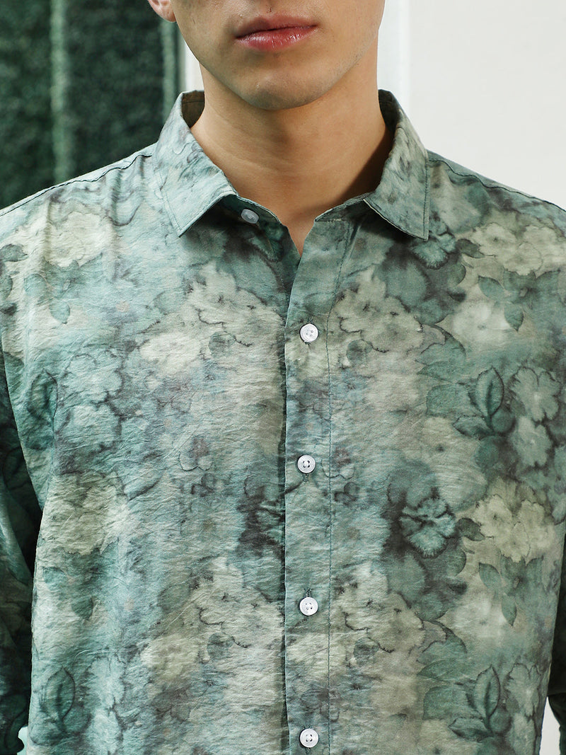 Green Floral Print Full Sleeve Shirt