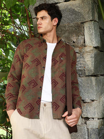 Coffee Brown Cubic-Stamp Jacquard Shirt