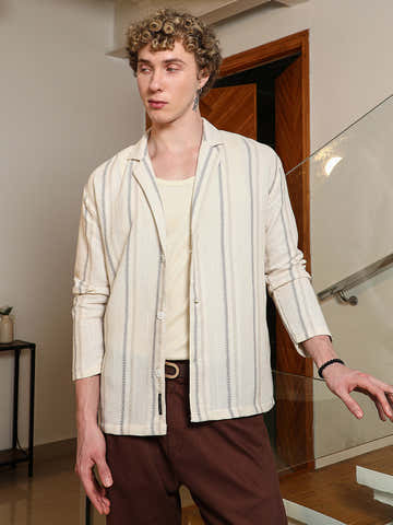 Striped Cotton Cuban Collar Shirt