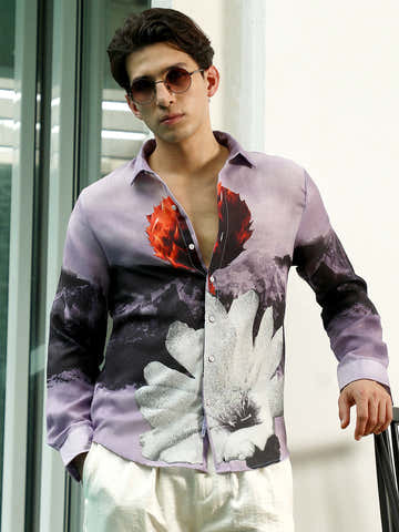 Purple Floral Printed Rayon Shirt With Spread Collar
