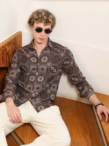 Geometric Pattern Cotton Blend Full Sleeve Shirt