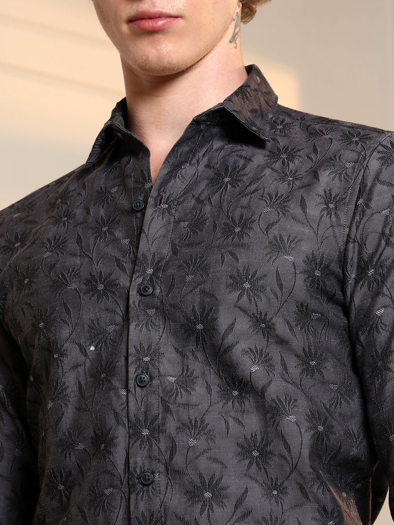 Dark Grey Floral Self Design Slim Fit Shirt