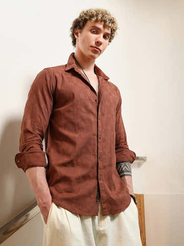 Terracotta Textured Cotton Shirt With Point Collar