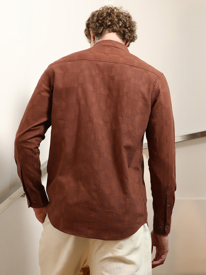Terracotta Textured Cotton Shirt With Point Collar