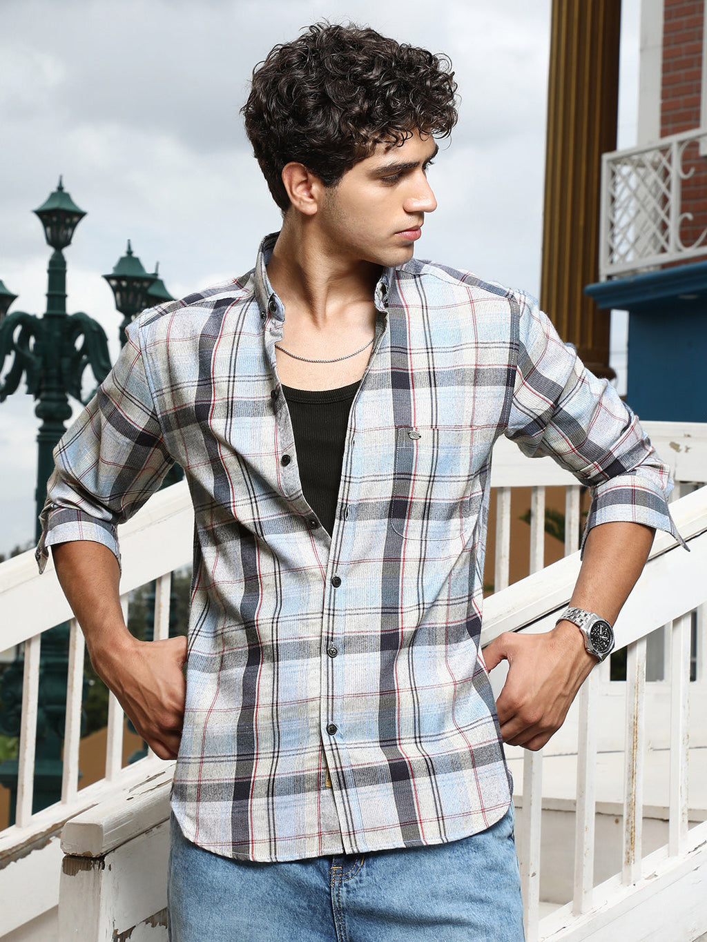 Brushing-Plaid Regular Shirt