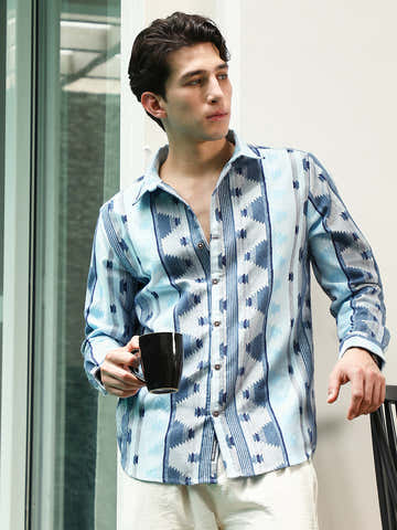 Blue Geometric Pattern Cotton Polyester Blend Full Sleeve Shirt