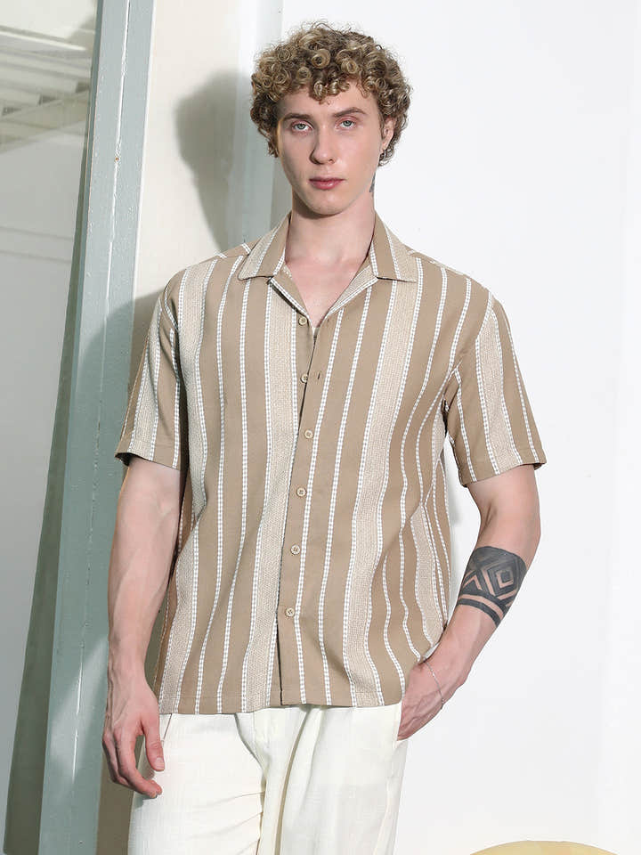 Beige Striped Cuban Collar Shirt