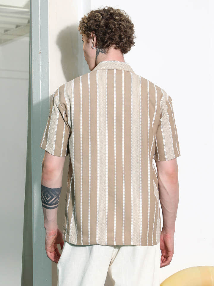 Beige Striped Cuban Collar Shirt