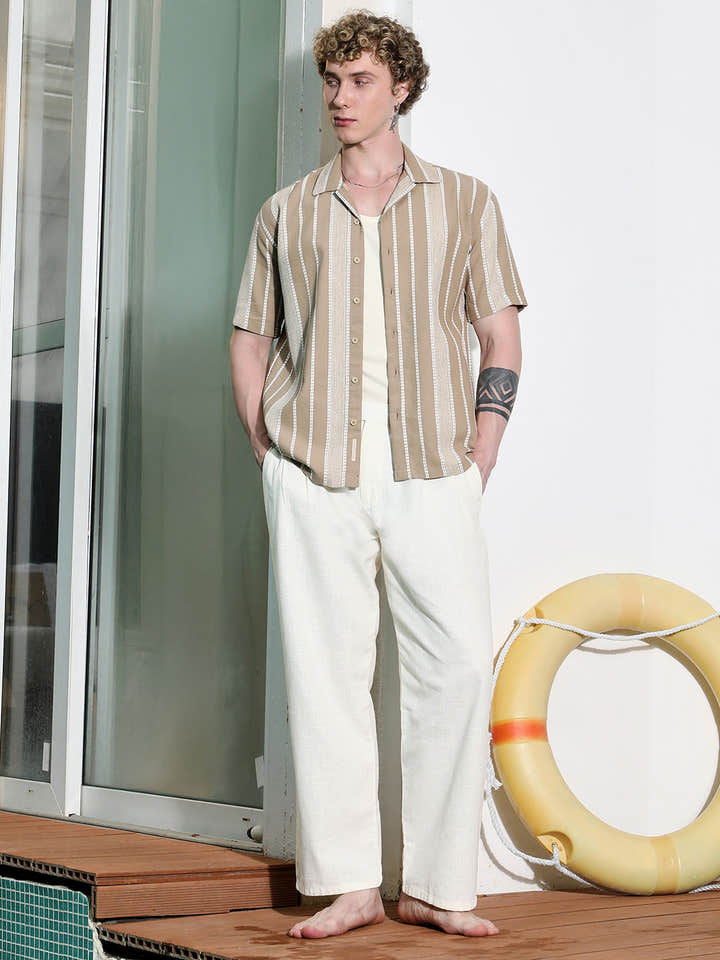 Beige Striped Cuban Collar Shirt